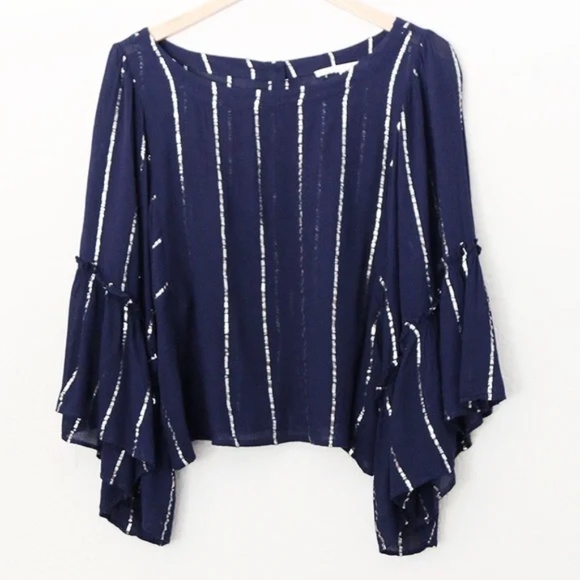 Anthropologie Floreat Women Emelyn Blouse Flutter Sleeve Top Silver Stripe Navy - Picture 3 of 8